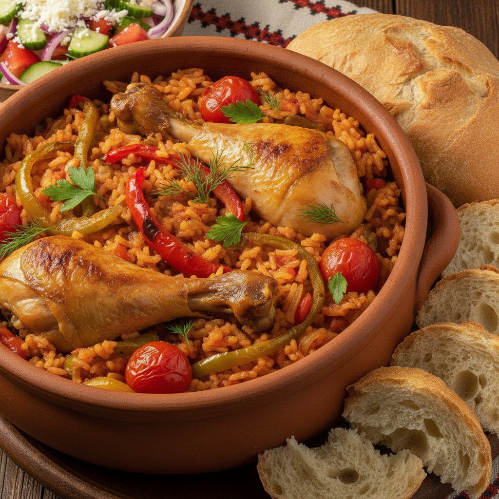 Chicken Djuvec (Balkan-style baked rice with chicken and vegetables)